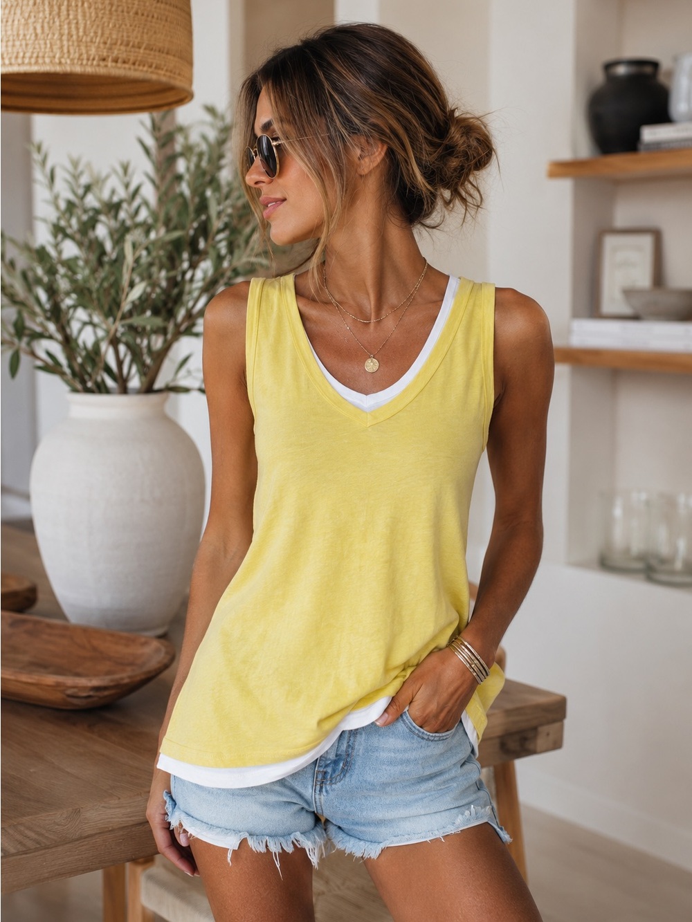 Raffi Double Layer V-Neck Sleeveless Cotton Tank Yellow White Small summer top